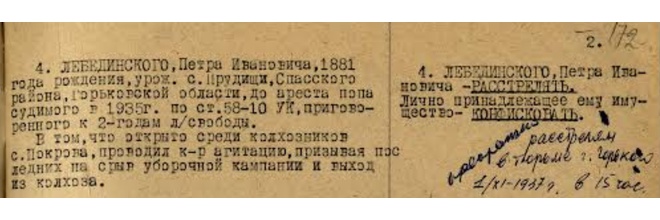 Постановление о расстреле священника Петра Лебединского 1.11.1937