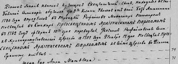 Фрагмент послужного списка диакона Иоанна Кузнецова за 1831 г. Ист.: ГА в г. Тобольске. Ф. И156. Оп. 19. Д. 455. Л. 148 об.